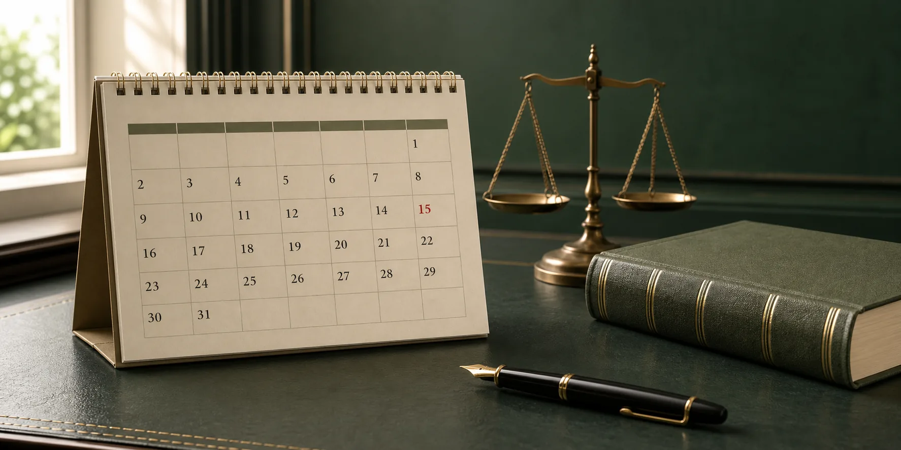 Calendario con el día 15 marcado junto a una balanza, un libro jurídico y una pluma