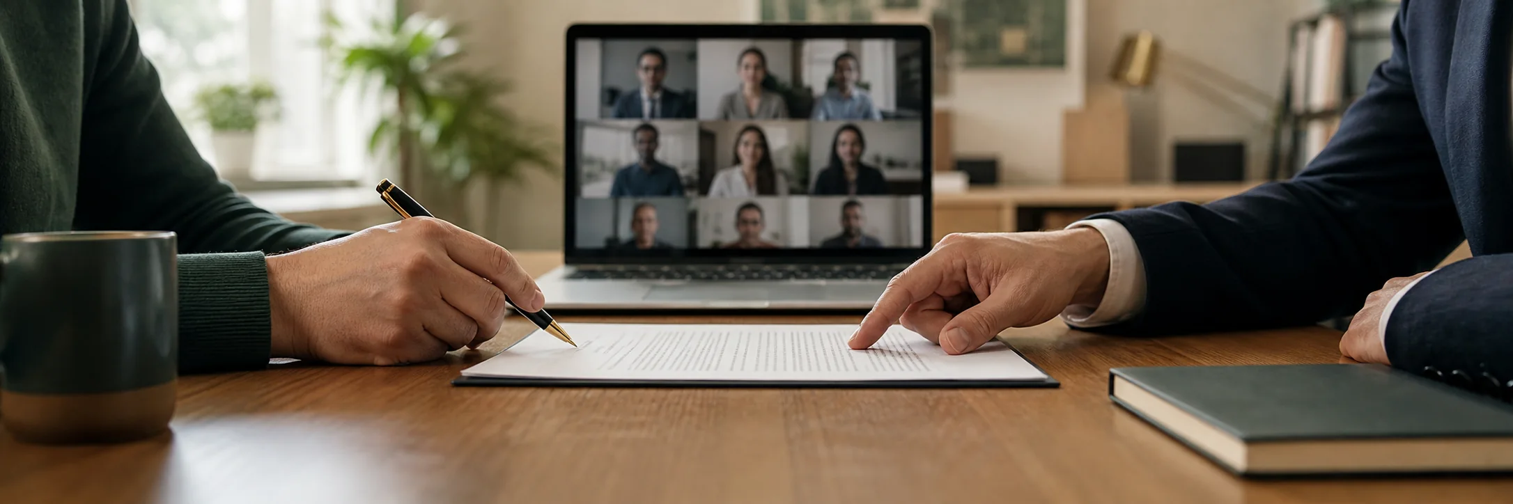 Dos personas revisan un acuerdo de teletrabajo mientras otras participan por videoconferencia
